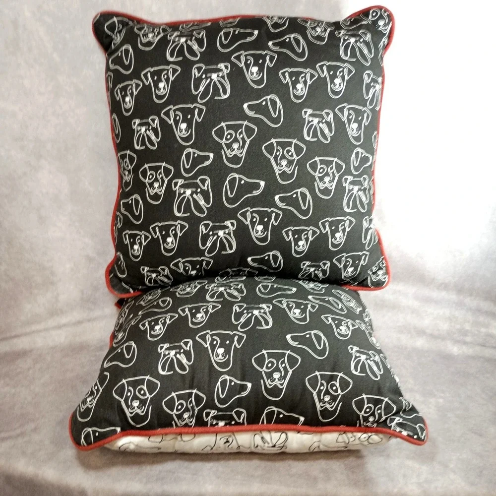 Dog Print Throw Pillow Black White Sketch Pattern with Red Trim 18x18 Home Decor